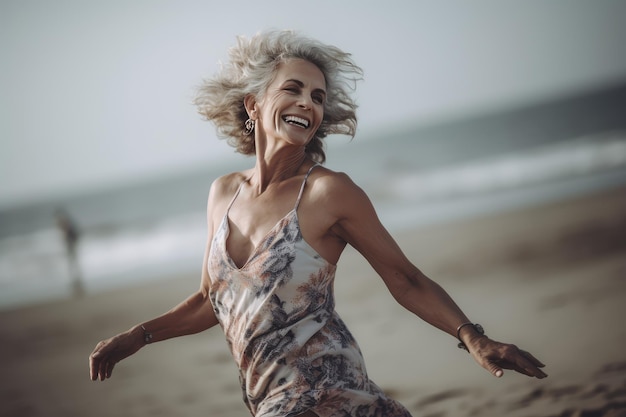 imagen de mujer madura bailando feliz en la playa