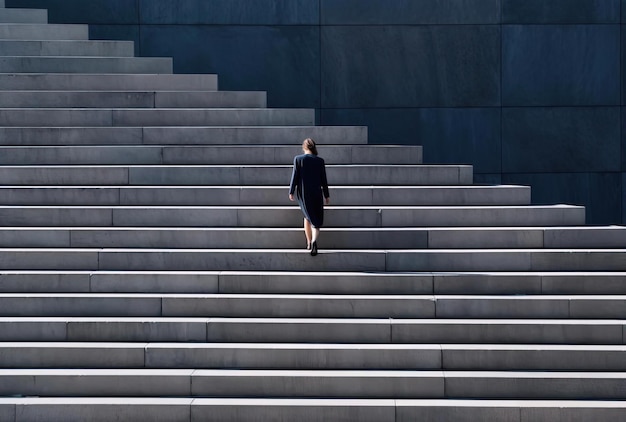 una imagen de una mujer de negocios subiendo una serie de escaleras