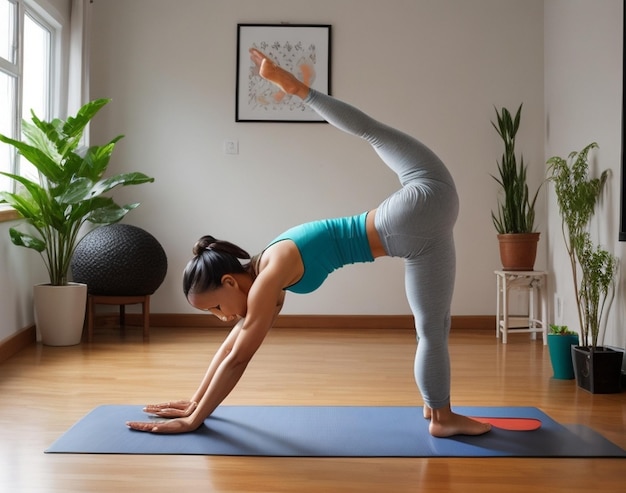 Imagen de una mujer practicando yoga hermosos movimientos de yoga practicando yoga en casa