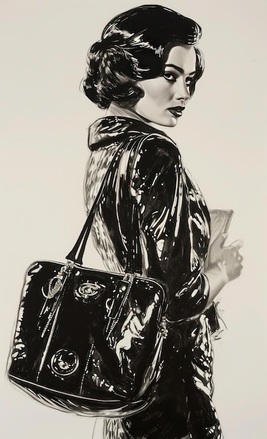 Una imagen de una mujer sosteniendo un bolso al estilo de los años 90.