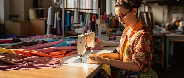 imagen de una mujer trans caucásica no binaria con tela trabajando en un taller de costura