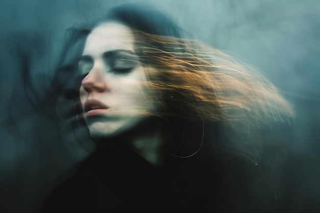 Foto imagen de una mujer triste, solitaria y angustiada con la cara borrosa concepto de estrés, depresión y salud mental