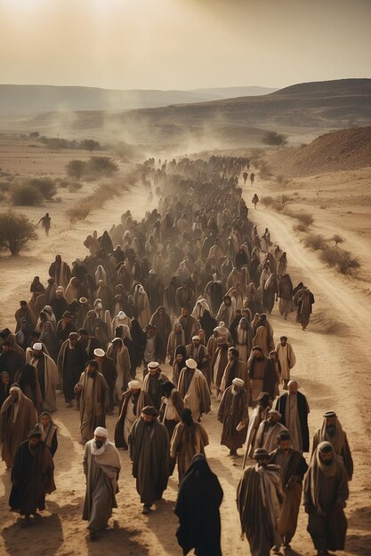 Foto una imagen de una multitud de hombres caminando por un camino de tierra con un camello y un camello a la derecha