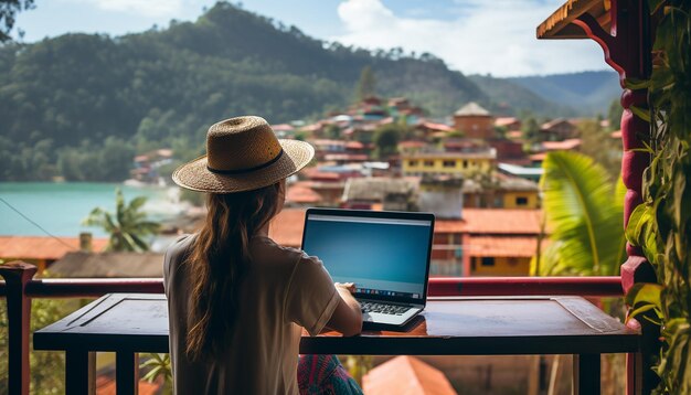 Una imagen mundialmente famosa de Guatap Colombia fusionada con una mujer usando una computadora portátil mirando el color