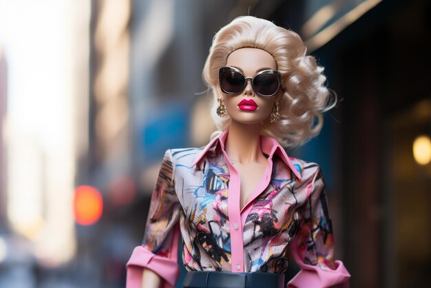 una imagen de una muñeca Barbie en camisa urbana y gafas de sol