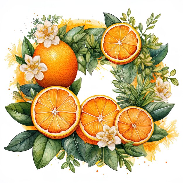 una imagen de naranjas y flores con una imagen de un limón