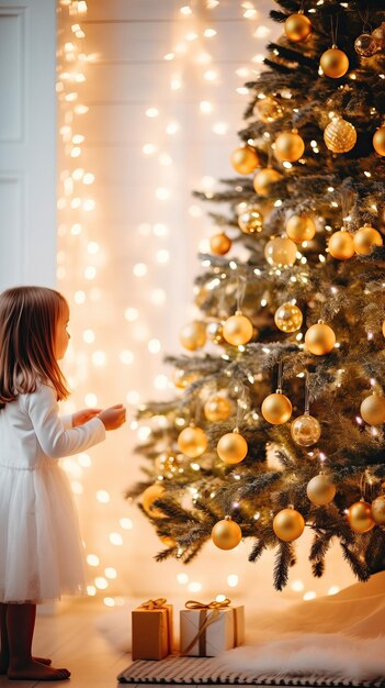 Foto imagen de navidad con niño lado del árbol de navidad con caja de regalos luces amarillas