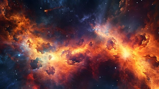 Una imagen de una nebulosa de nubes de gas caliente de color naranja espacial y colorida. Red neuronal generada en mayo de 2023. No se basa en ninguna escena o patrón real.