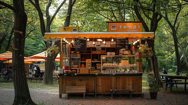 Imagen de un negocio de venta de alimentos con marco de madera y enlatados en un parque con árboles IA generativa