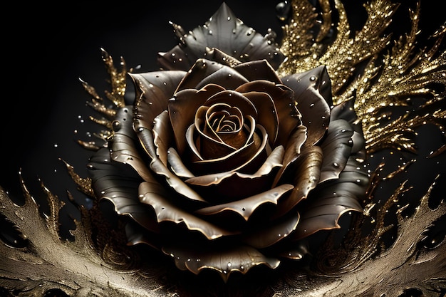 Una imagen negra y dorada de una rosa con hojas y flores doradas.