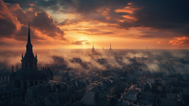 imagen de la niebla envolviendo la ciudad bajo una nube al estilo de Max Rive