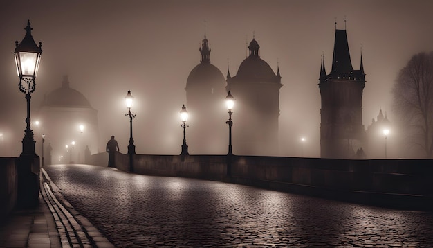 Imagen de niebla del puente y la linterna de la calle por la noche