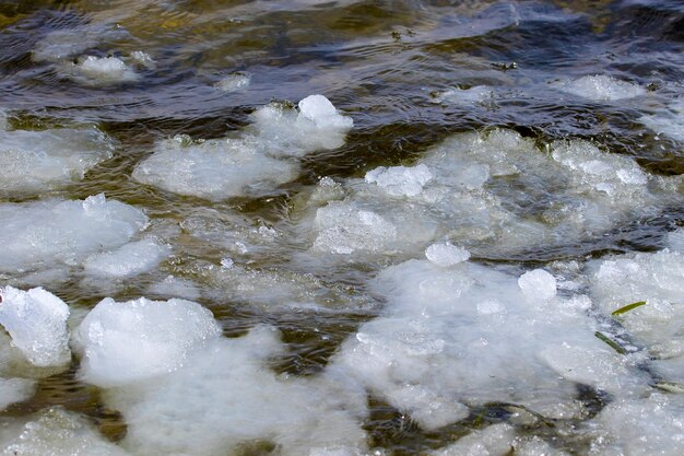 una imagen de nieve derretida flota a lo largo de un pequeño río