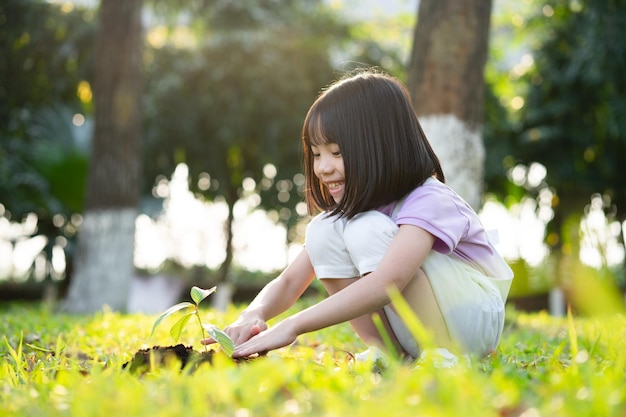 Imagen Niña asiática sosteniendo un retoño en la mano