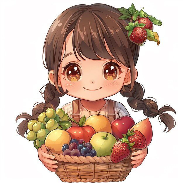 Una imagen de una niña con frutas.