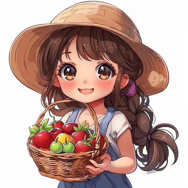 Una imagen de una niña con frutas.