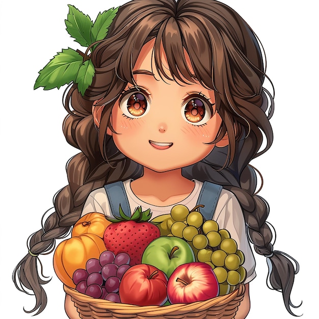 Una imagen de una niña con frutas.