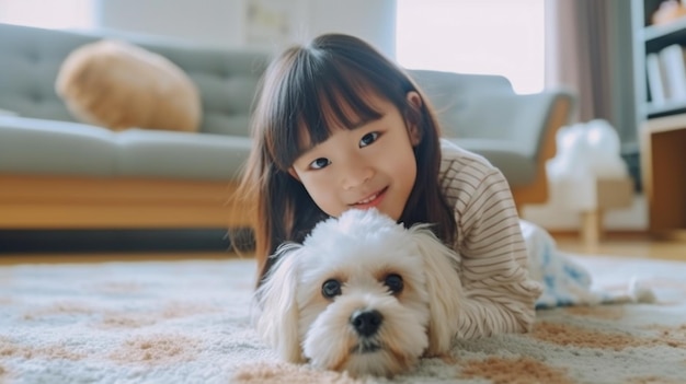 Una imagen de una niña pequeña jugando con su perro de compañía en casa GENERAR IA