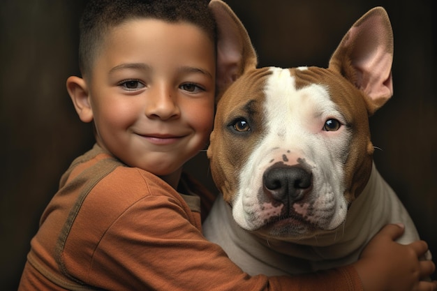 Imagen de un niño abrazando a un perro bull terrier que muestra amistad Mascotas Gente y mascotas