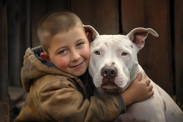 Imagen de un niño abrazando a un perro bull terrier que muestra amistad con mascotas personas y mascotas