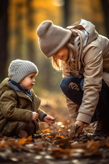 Imagen de un niño adorable jugando con su madre al aire libre creada con IA generativa