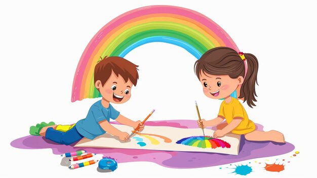 Foto una imagen de un niño y un arco iris con una niña pintando en él