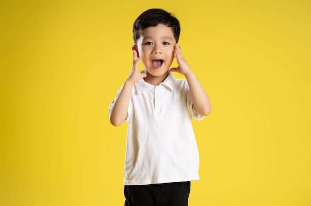 Imagen de un niño asiático posando sobre un fondo amarillo.