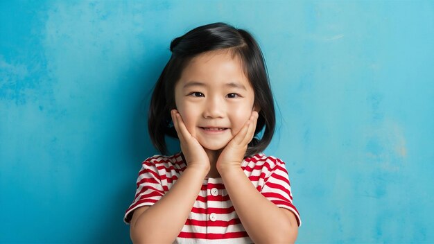 Imagen de un niño asiático posando sobre un fondo azul