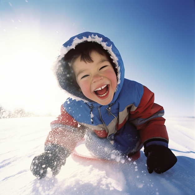 Imagen de un niño feliz en el trineo en la nieve Imagen creada con IA Concepto de felicidad y juego en la Nieve