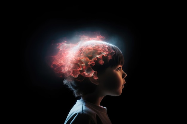 Una imagen de un niño con luces brillantes que emanan de la región del cerebro sobre un fondo negro que simboliza la diversidad de conexiones neuronales.