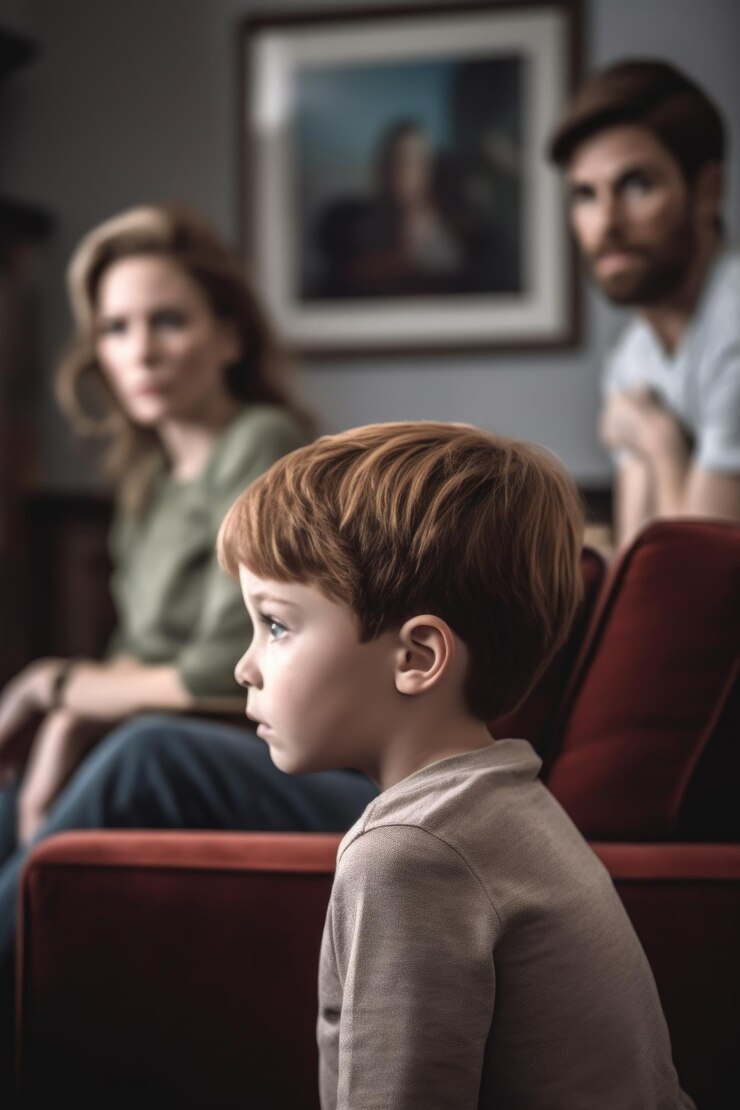 Imagen de un niño pequeño viendo la televisión mientras su madre y su padre discuten en el fondo en casa