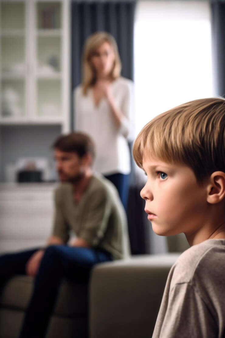 Imagen de un niño pequeño viendo la televisión mientras su madre y su padre discuten en el fondo en casa