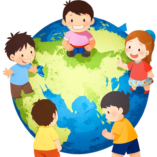una imagen de niños jugando alrededor de un mundo con un mundo como el planeta