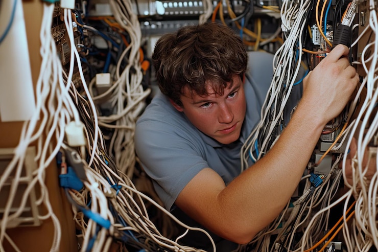 Foto imagen nítida de un joven conectando cables en la sala de servidores de alto detalle 8k