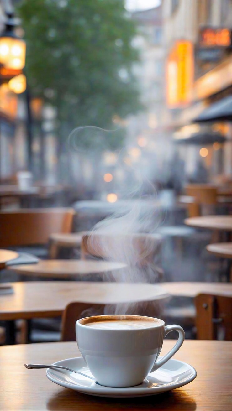 Una imagen nítida de una taza de café humeante en una mesa con un fondo borroso de café