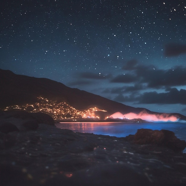 Una imagen nocturna de una cascada con un cielo estrellado.