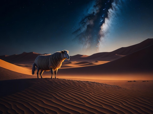 Una imagen nocturna de una oveja en el desierto con la Vía Láctea de fondo.