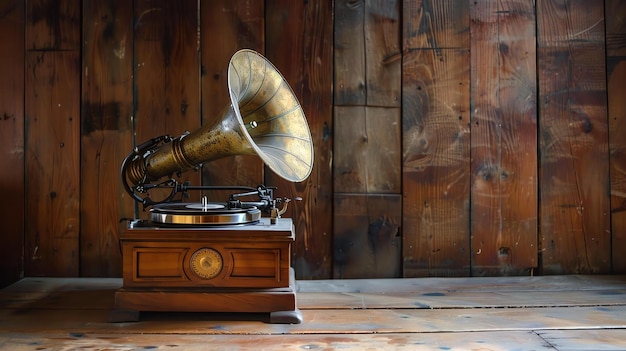 Foto imagen nostálgica de un viejo gramófono con un gran cuerno de bronce sentado en una mesa de madera contra un fondo de madera