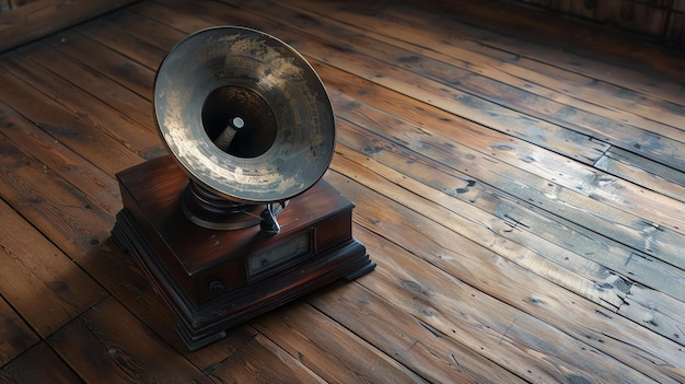 Imagen nostálgica de un viejo gramófono sentado en un suelo de madera El gramófono está hecho de madera y metal con un gran altavoz en forma de cuerno