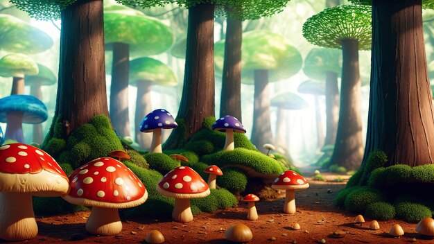 Una imagen notable de un bosque con una variedad de hongos AI Generative