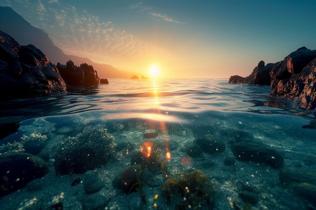Una imagen del océano y la puesta de sol.