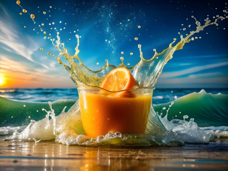 Imagen de una ola de jugo de naranja sobre un fondo blanco