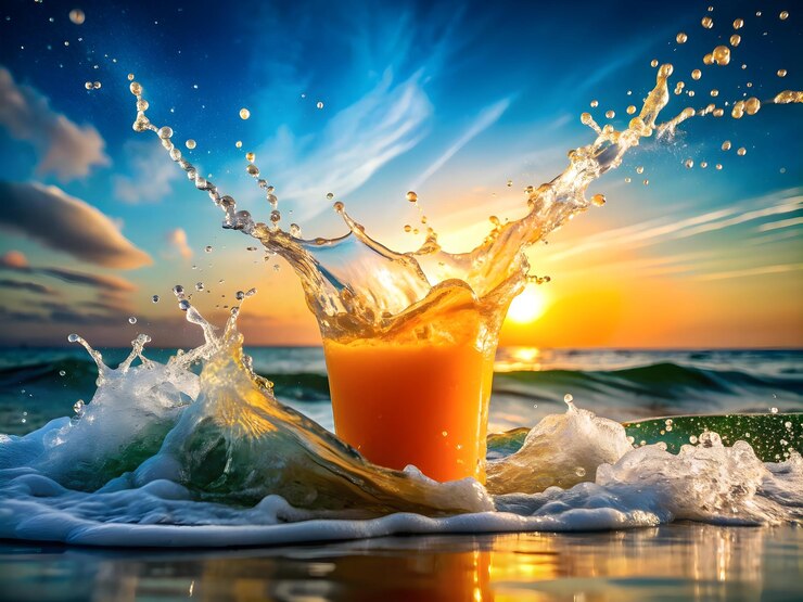 Imagen de una ola de jugo de naranja sobre un fondo blanco