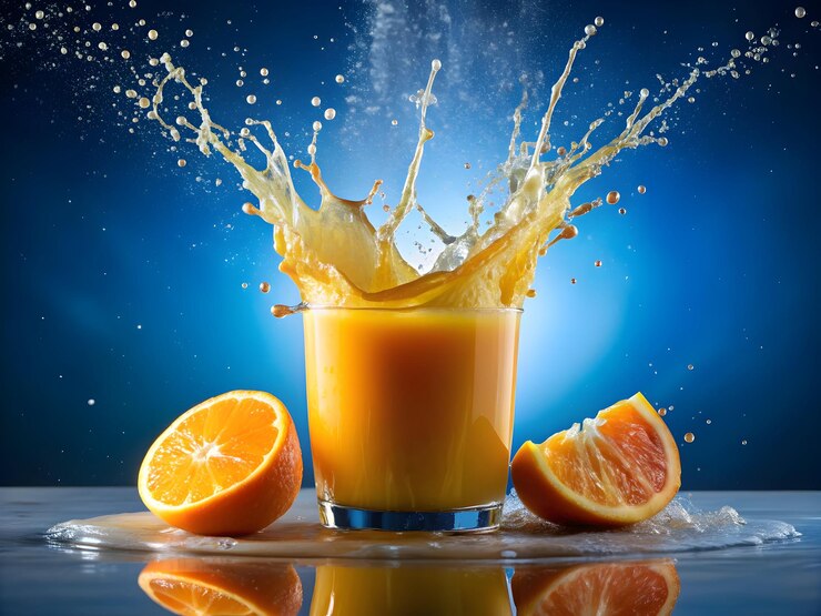 Imagen de una ola de jugo de naranja sobre un fondo blanco