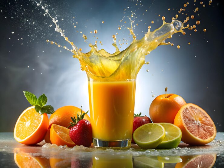Imagen de una ola de jugo de naranja sobre un fondo blanco