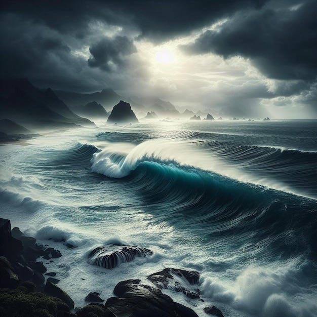 una imagen de una ola que está a punto de chocar contra las rocas