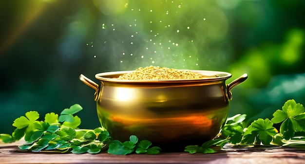 Imagen de una olla de oro en un fondo borroso de naturaleza verde