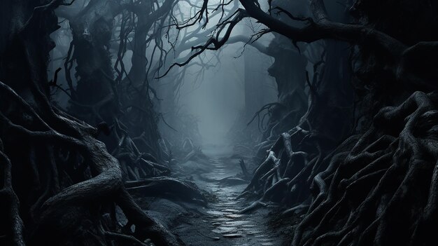 una imagen ominosa de un camino estrecho que serpentea a través de un espeluznante bosque envuelto en niebla con árboles retorcidos