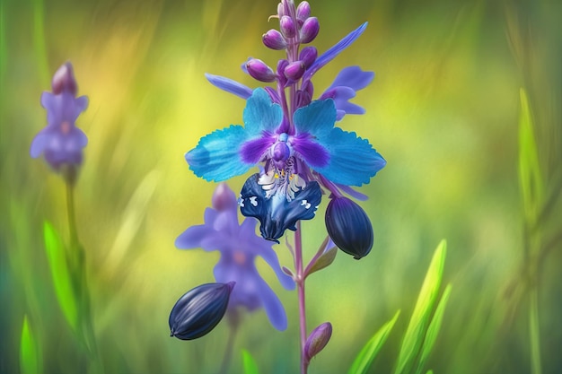 Imagen de una orquídea silvestre azul púrpura en una pradera cubierta de hierba