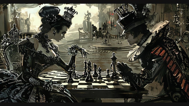Una imagen oscura y de mal humor de un hombre y una mujer jugando al ajedrez en un entorno steampunk